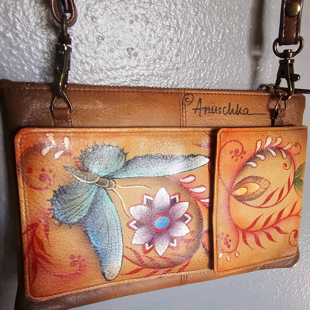 Anuschka Hand-Painted Leather Crossbody Bag - Blue and Orange